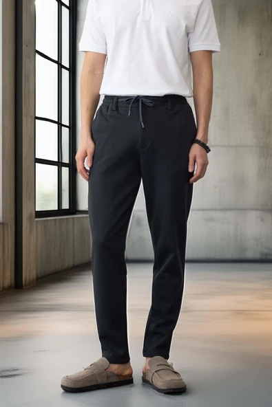 Akira Örme Pike Kumaş Beli Lastikli Fermuarlı Erkek Pantolon - Koyu Gri ürün görseli 1