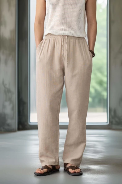 Baggy Kalıp Müslin Kumaş Pantolon - Orta Bej - 4