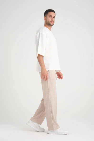 Düz Desenli Rahat Kalıp Beli Lastikli Baggy  Pantolon - Bej - 5