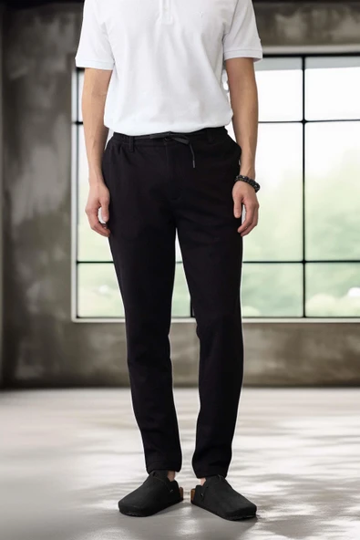 Akira Örme Pike Kumaş Beli Lastikli Fermuarlı Erkek Pantolon - Siyah ürün görseli