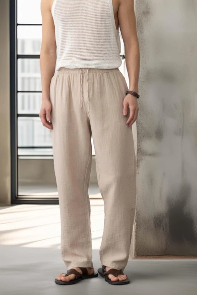 Baggy Kalıp Müslin Kumaş Pantolon - Orta Bej - 3