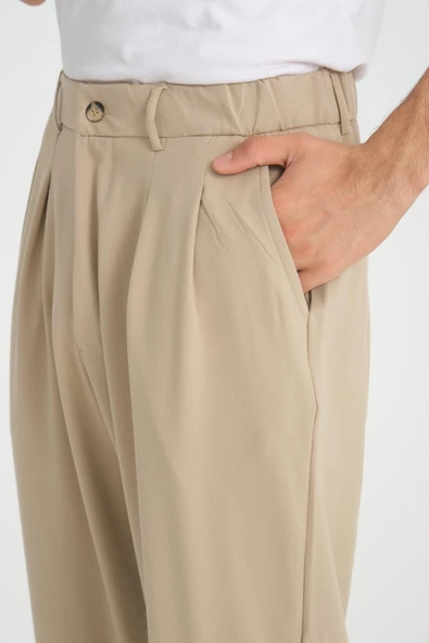 Premium Pileli Baggy Kalıp Pantolon - Bej - 6