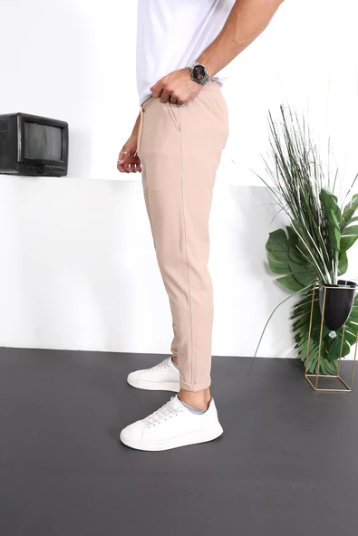 Premium Dokulu Duble Paça Fit Pantolon - Bej - 5