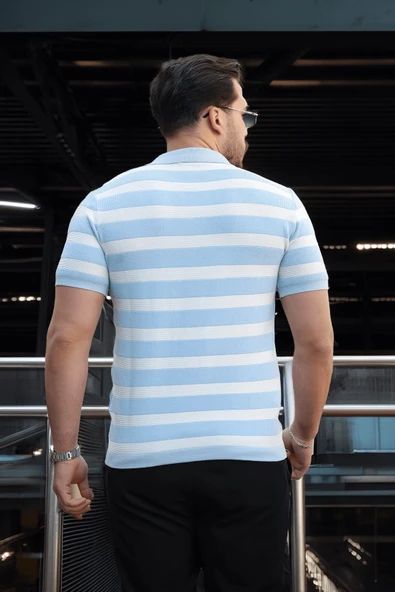 Premium Yan Çizgili Viskon Polo Yaka Triko Erkek T-Shirt - Mavi - 4