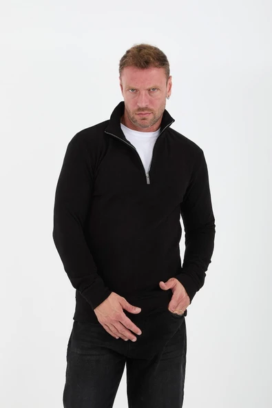 Selanik Örme Kumaş Yarım Fermuar Erkek Sweatshirt - Siyah - 4