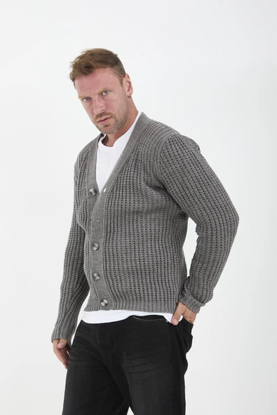 Nopenli Fitil Örgü Düğmeli Hırka - Füme - Resim 6