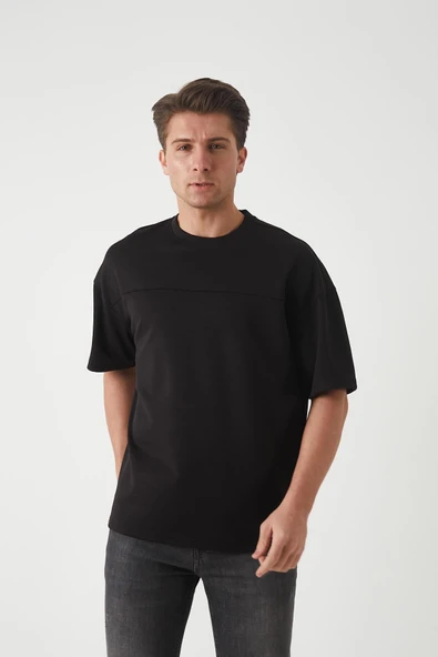 Panel Detaylı Basic Oversize Erkek T-Shirt - Siyah - 4
