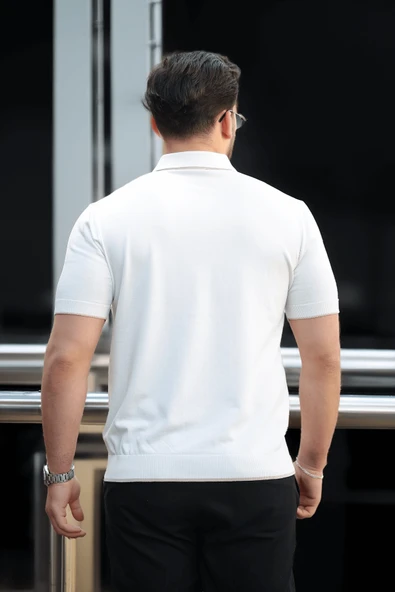 Premium Şerit Detaylı Viskon Polo Yaka Triko Erkek T-Shirt - Ekru - 3