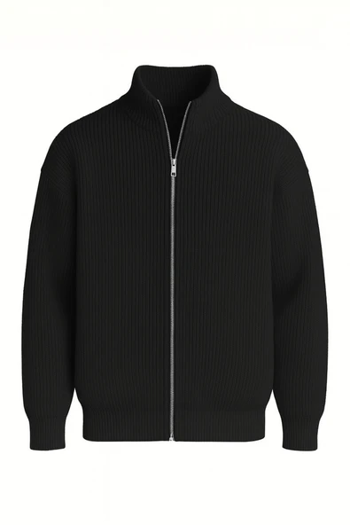 Woody Oversize Selanik Örme Fermuarlı Erkek Hırka- Siyah ürün görseli 1