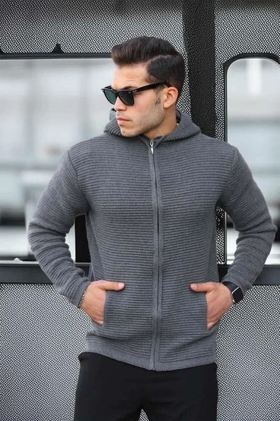 Fermuarlı Merdiven Örgü Kapüşonlu Triko Hırka/Ceket Füme ürün görseli 1