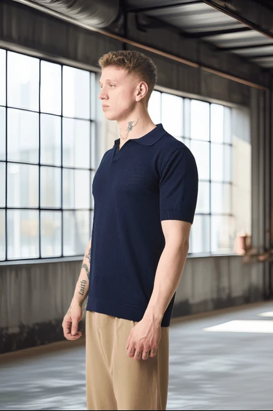 Örme Desenli Viskon Polo Yaka Triko Erkek T-Shirt - Lacivert - 5