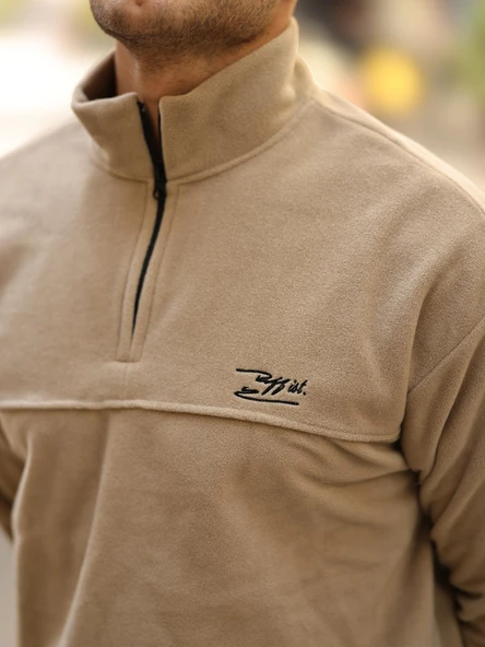 Premium Yarım Ferrmuar Polar Sweatshirt - Bej - 5