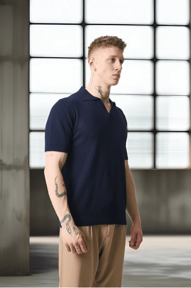 Örme Desenli Viskon Polo Yaka Triko Erkek T-Shirt - Lacivert - 4