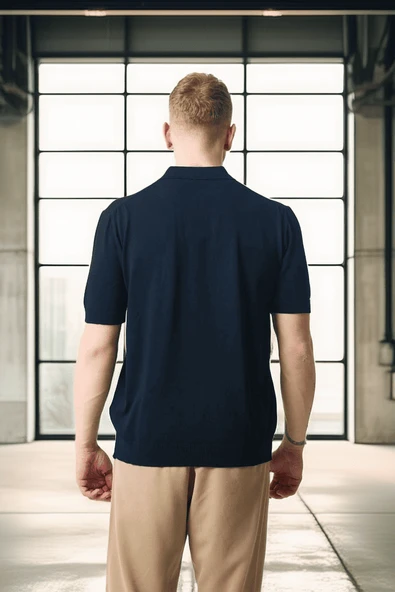 Polo Yaka Basic Düğmeli Triko Erkek T-Shirt - Lacivert - 4