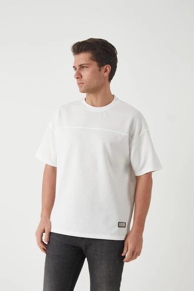 Panel Detaylı Basic Oversize Erkek T-Shirt - Ekru - 7