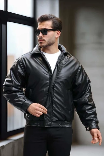 Oversize Premium Deri Ceket/Mont - Siyah - 4