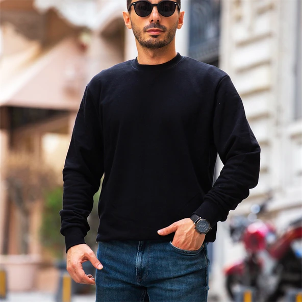 Bisiklet Yaka Basic Sweatshirt - Siyah - 10