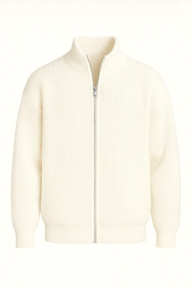 Woody Oversize Selanik Örme Fermuarlı Erkek Hırka- Ekru ürün görseli 1