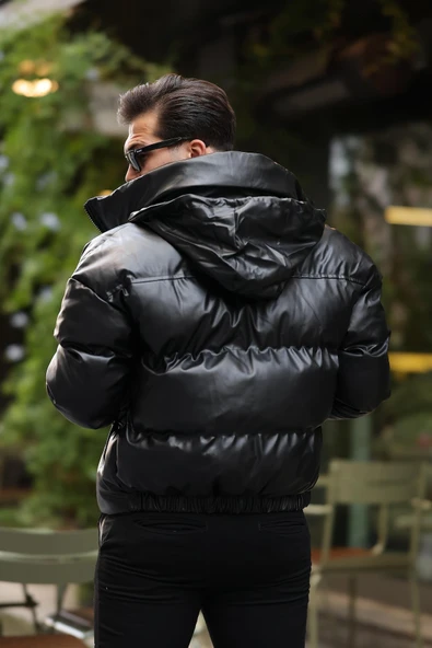 Oversize Kapüşonu Çıkarılabilir Şişme Deri Mont - Siyah - 4