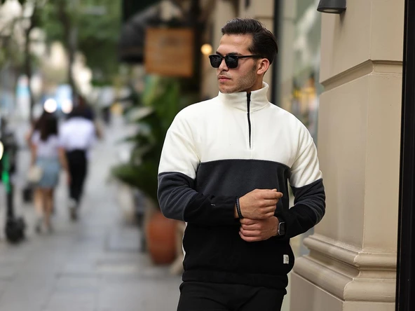 Parça Desen Yarım Fermuar Polar Sweatshirt - Ekru/Füme/Siyah - 3
