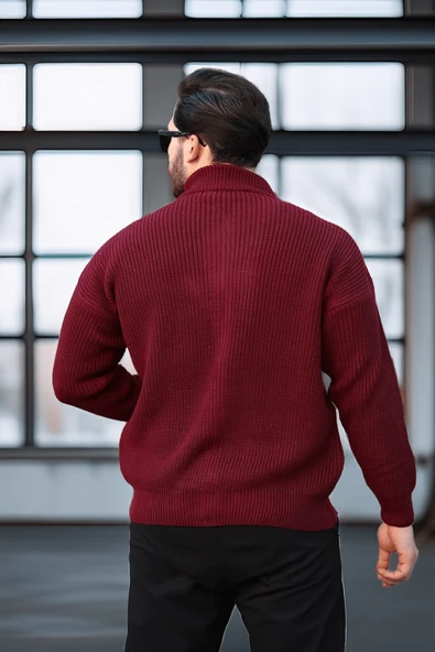 Oversize Selanik Örme Fermuarlı Erkek Hırka- Bordo - 6