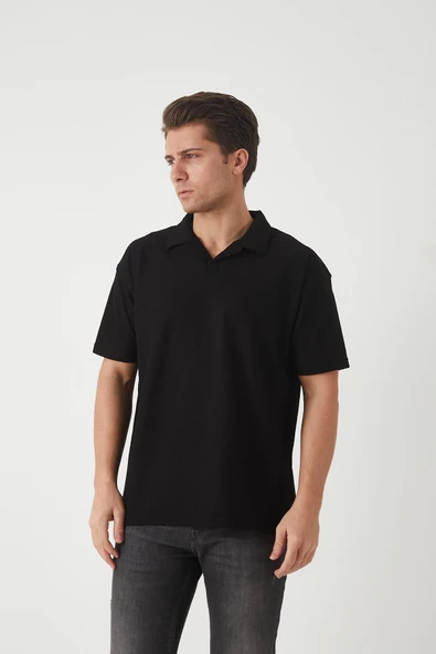 Havlu Kumaş Polo Yaka Erkek T-Shirt - Siyah - 3