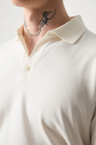 Polo Yaka Basic Düğmeli Triko Erkek T-Shirt - Ekru - 2