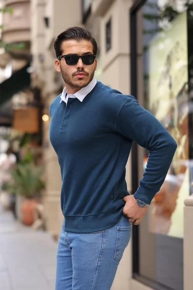 Polo Yaka Selanik Örme Kumaş Erkek Sweatshirt - İndigo - 2