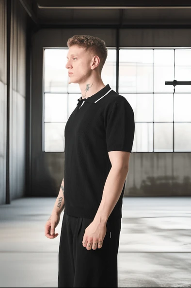Yakası Şeritli Viskon Polo Yaka Triko Erkek T-Shirt - Siyah - 5