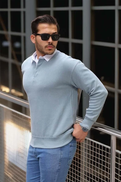 Luis Polo Yaka Selanik Örme Kumaş Erkek Sweatshirt - Soğuk Mavi - Resim 5