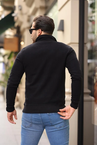 Selanik Örme Kumaş Yarım Fermuar Erkek Sweatshirt - Siyah - 6
