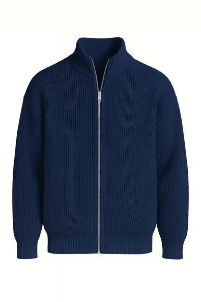 Woody Oversize Selanik Örme Fermuarlı Erkek Hırka- İndigo ürün görseli