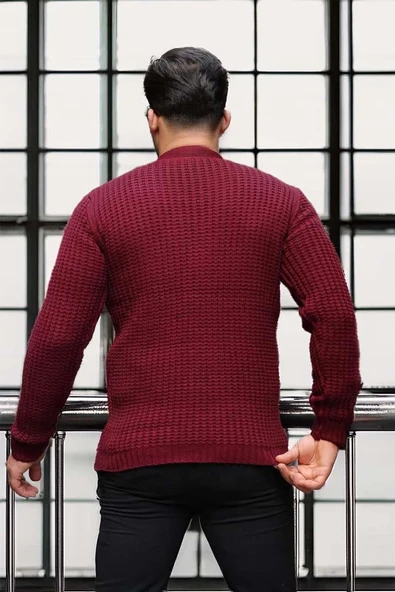 Nopenli Fitil Örgü Düğmeli Hırka - Bordo - 6