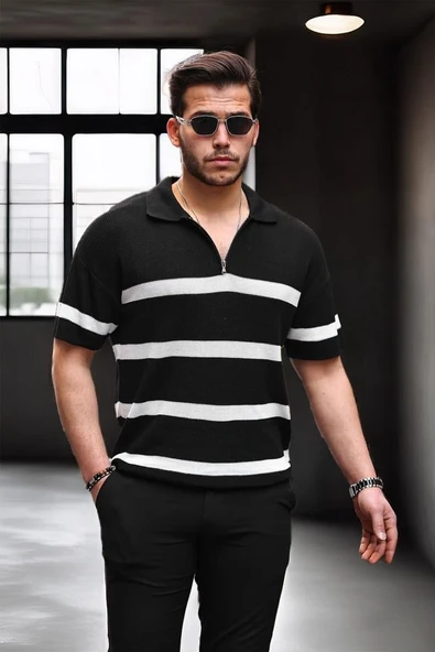 Yarım Fermuar Çizgili Oversize Triko T-Shirt - Siyah