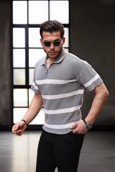 Yarım Fermuar Çizgili Oversize Triko T-Shirt - Gri - 3