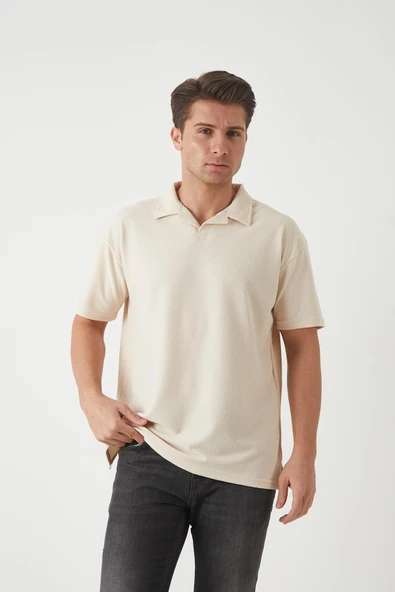 Havlu Kumaş Polo Yaka Erkek T-Shirt - Bej ürün görseli 1