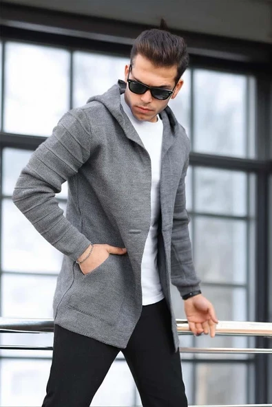 Füme Erkek Düz Panço Hırka - Resim 2