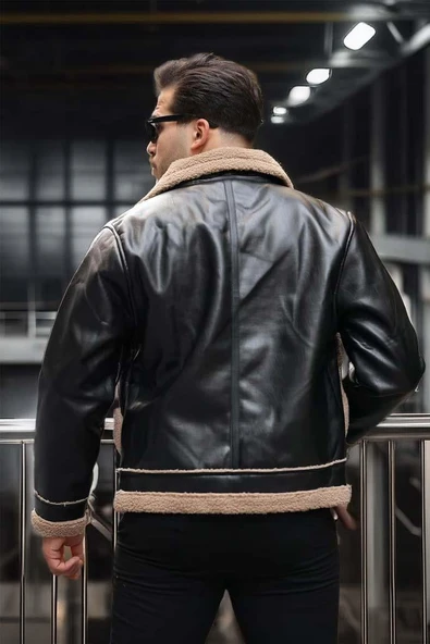 Vintage Kürk Detaylı Erkek Deri Ceket/Mont - Siyah - 5