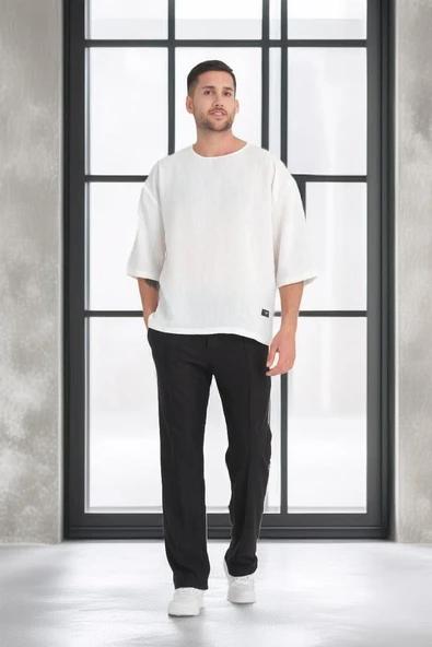 Bisiklet Yaka Fakir Kol Oversize Kısa Kol T-shirt - Beyaz - 2