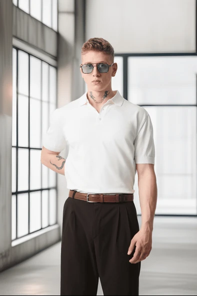 Polo Yaka Basic Düğmeli Triko Erkek T-Shirt - Ekru - 9
