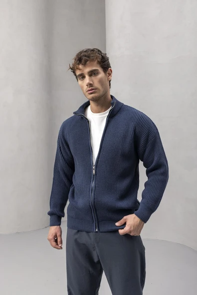 Woody Oversize Selanik Örme Fermuarlı Erkek Hırka- İndigo - Resim 6