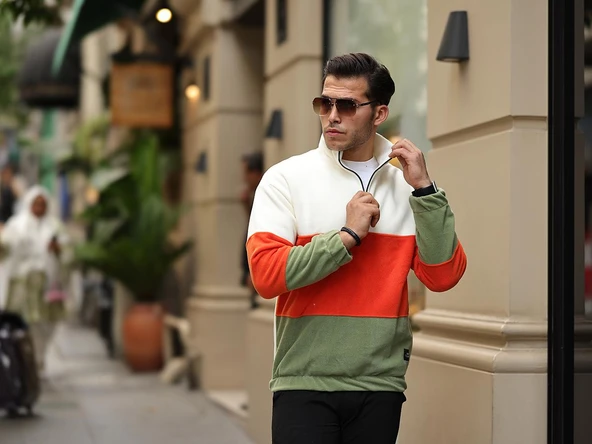Parça Desen Yarım Fermuar Polar Sweatshirt - Ekru/Turuncu/Haki - 3