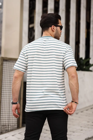 Zarf Yaka Detaylı Çizgili Oversize T-Shirt - Mint Yesili - 3