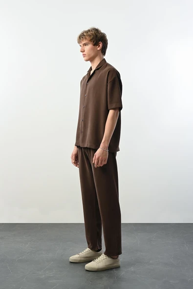 Soft Touch Kumaş Baggy Kalıp Lastikli Erkek Pantolon - Kahve - 3