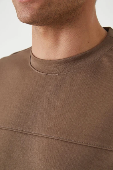 Panel Detaylı Basic Oversize Erkek T-Shirt - Kahve - 3
