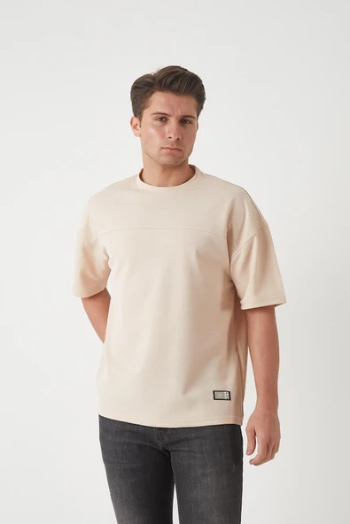 Panel Detaylı Basic Oversize Erkek T-Shirt - Bej - 7