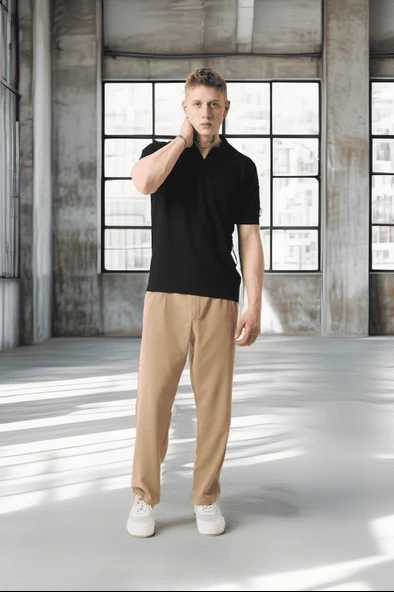 Polo Yaka Basic Düğmeli Triko Erkek T-Shirt - Siyah - Resim 10