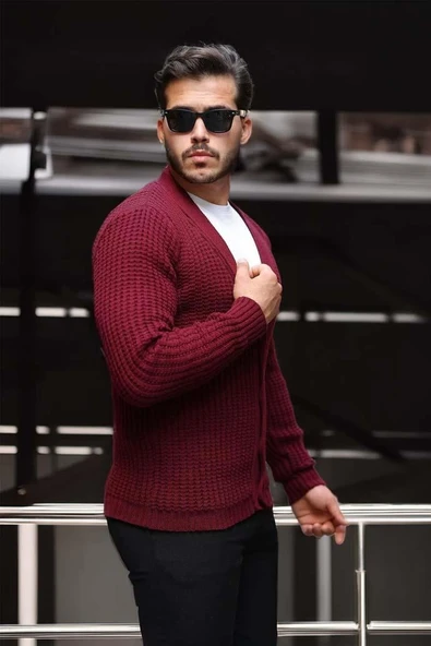 Nopenli Fitil Örgü Düğmeli Hırka - Bordo - 4