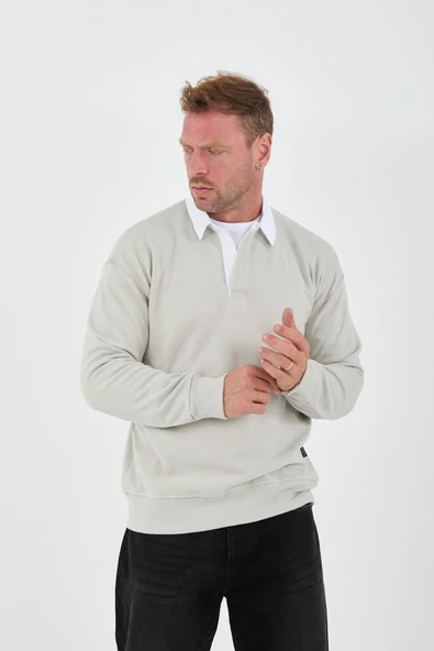 Polo Yaka Selanik Örme Kumaş Erkek Sweatshirt - Taş - 7