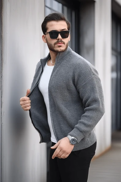 Oversize Selanik Örme Fermuarlı Erkek Hırka- Füme - 6
